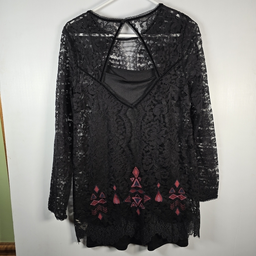 Free People Black Lace Dress with Pink Geometric Patterns Black Slip Under SizeS - Picture 2 of 13